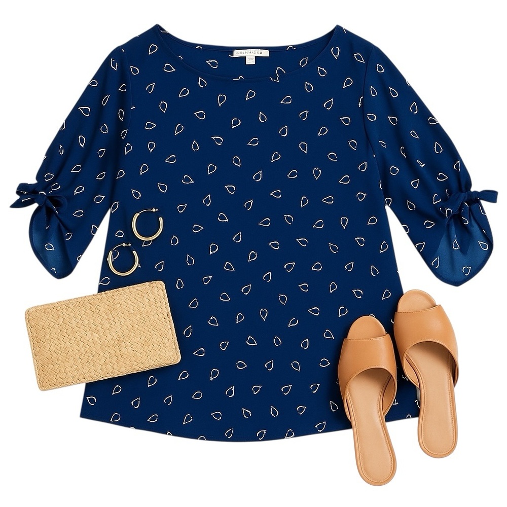 Rosie Pope Navy Wishbone Print Blouse XL Bow Tie Sleeve Soft Draped Top in EUC